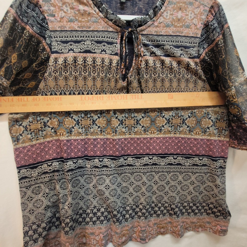Lucky Brand Womens XL Mixed Border Print Boho Ruffle Tie Neck 3/4 Sleeve Blouse - Picture 10 of 11